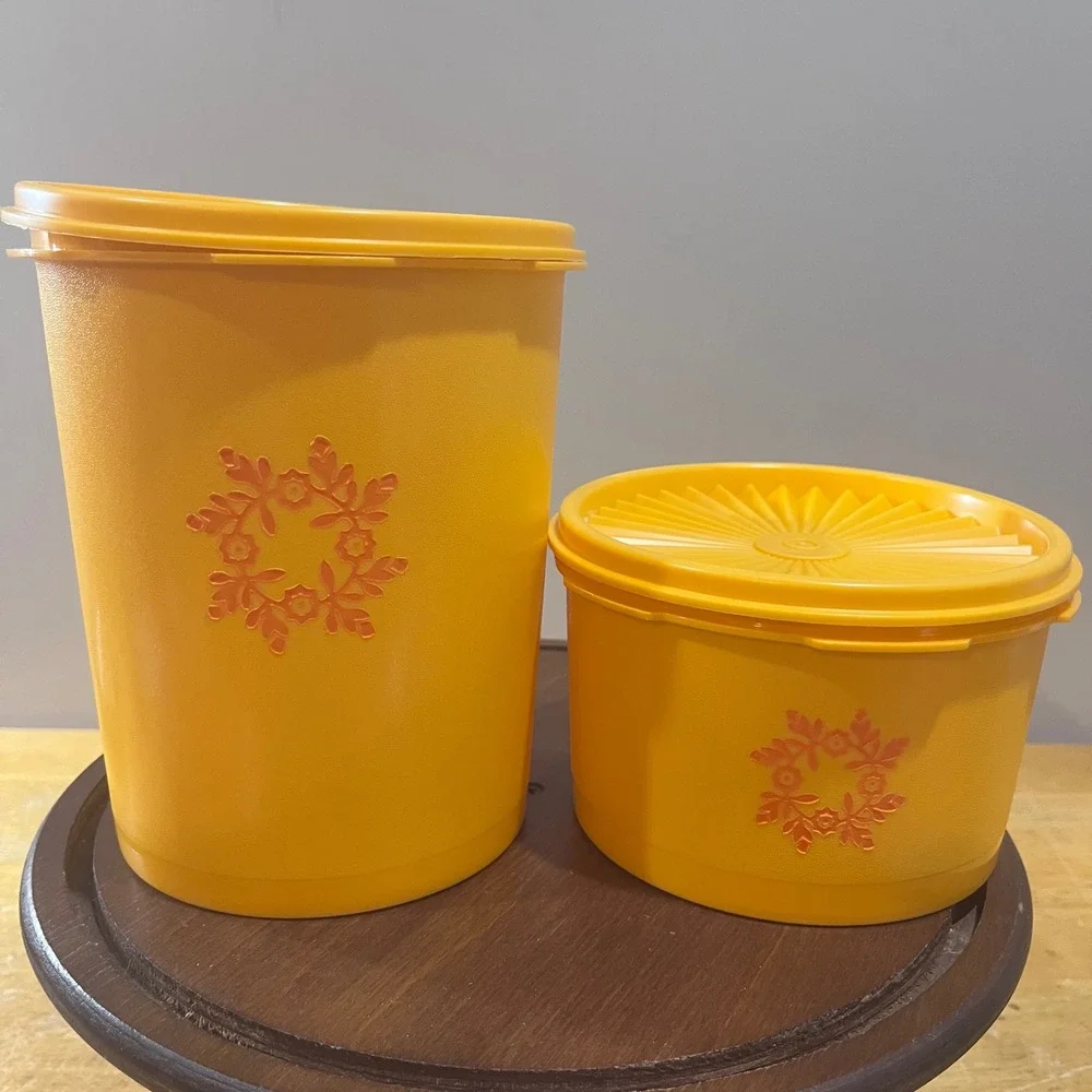 Vtg 70s Tupperware Servalier Canister Set Yellow Orange Floral Retro MCM 2pc